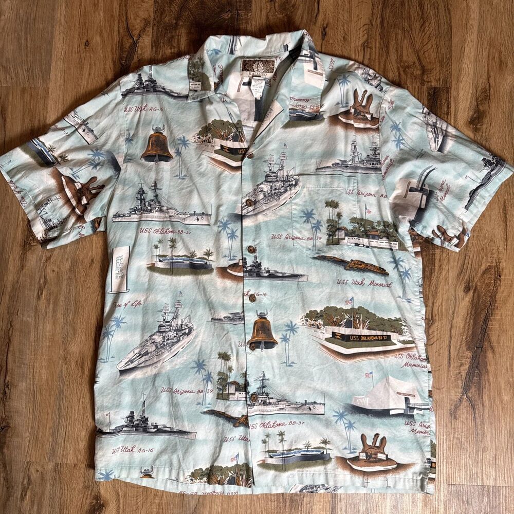 Kalaheo Hawaiian Shirt Large WWII Pearl Harbor Ship Print USA Made Aloha
